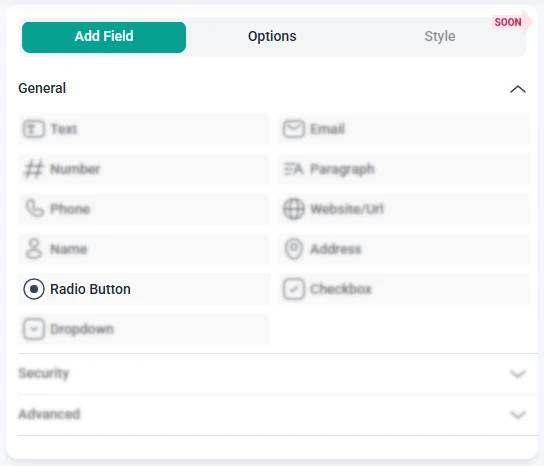 IvyForms field list with the Radio Button field highlighted and other fields grayed out in the panel.