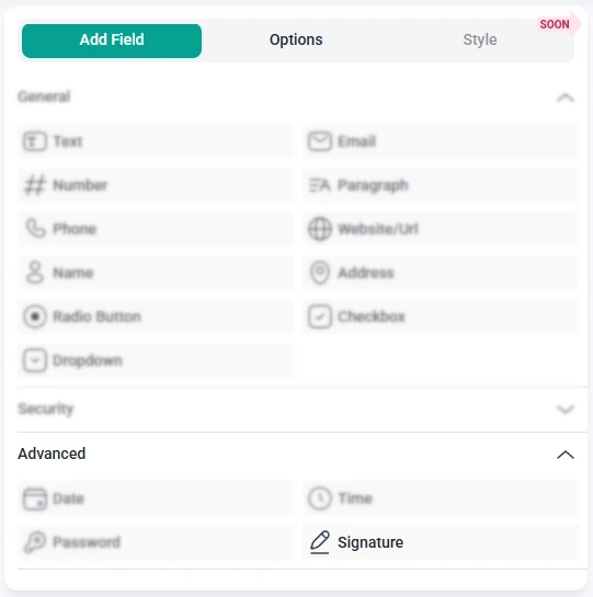 IvyForms field list with the Signature field highlighted inside the Advanced group.