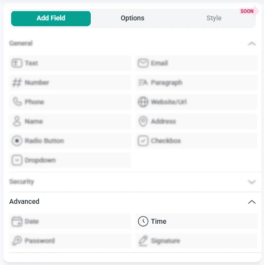 IvyForms field list with the Time field highlighted in the Advanced section.