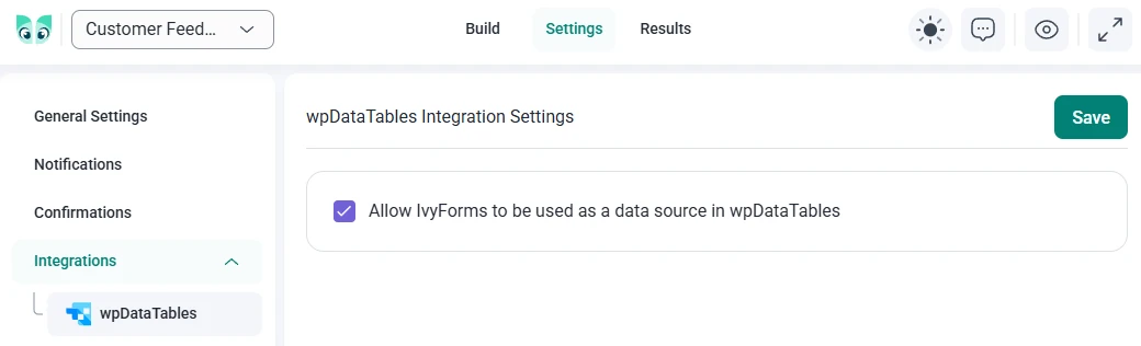 wpDataTables integration toggle in individual IvyForms settings allowing each form to be included or excluded.