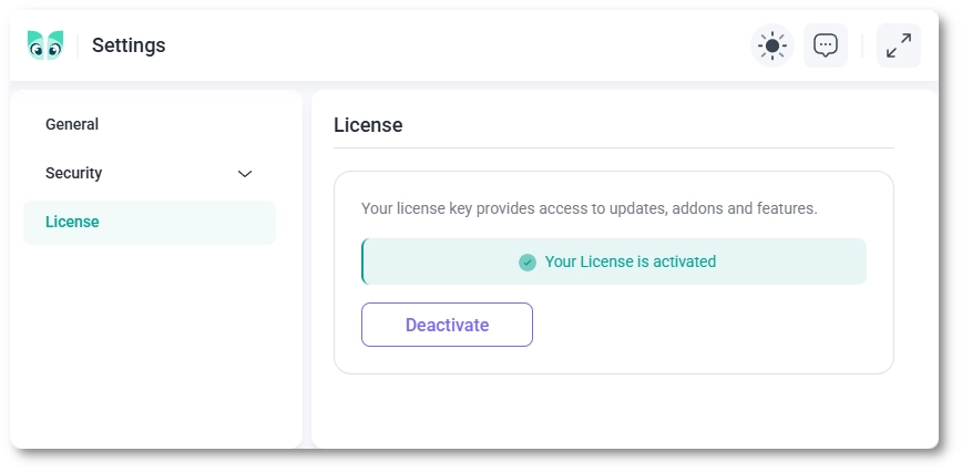 IvyForms license settings after activation with a hidden key and a Deactivate button