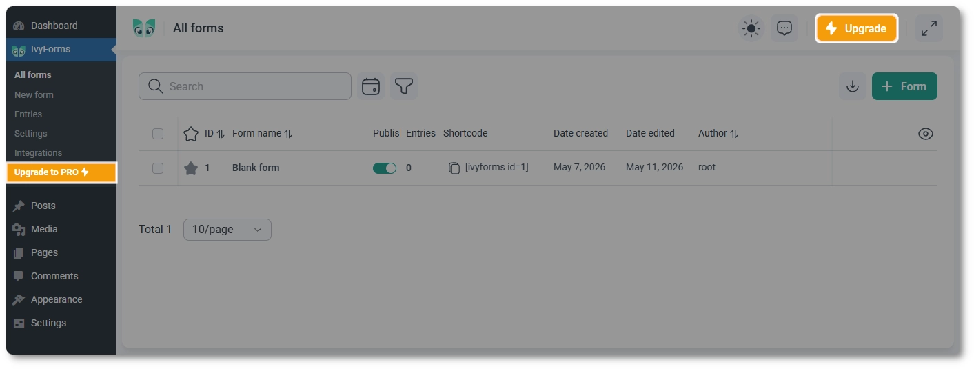 IvyForms Lite interface showing Upgrade to PRO menu item and Upgrade button in the header