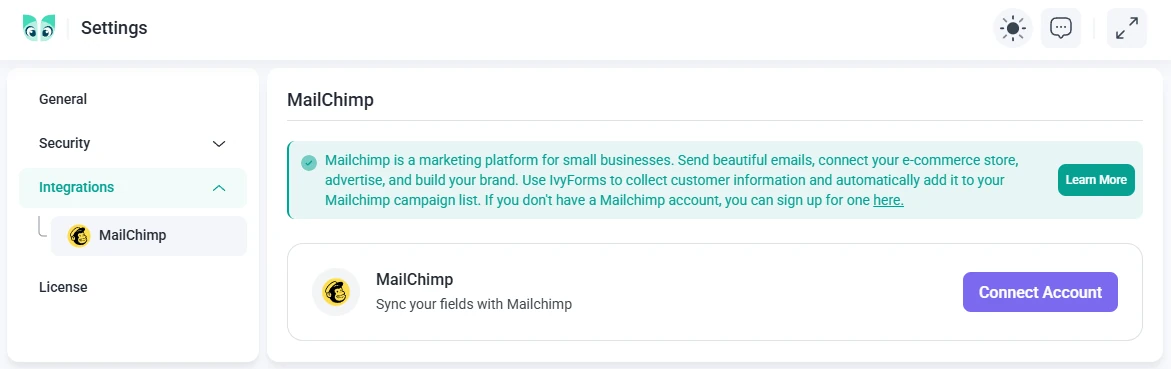 IvyForms Mailchimp settings page showing the Connect account button.