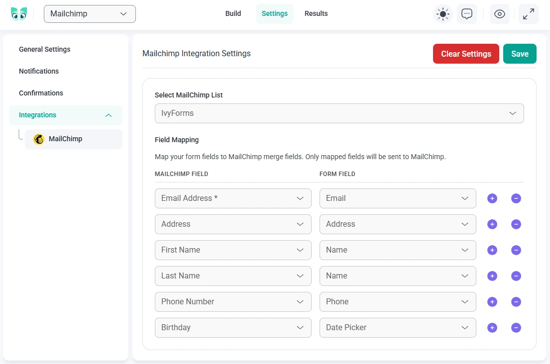 Mailchimp integration panel in IvyForms showing field mapping between IvyForms fields and Mailchimp fields.