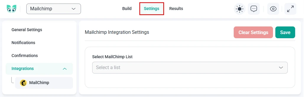 IvyForms form builder showing the Settings tab with the Mailchimp integration panel.