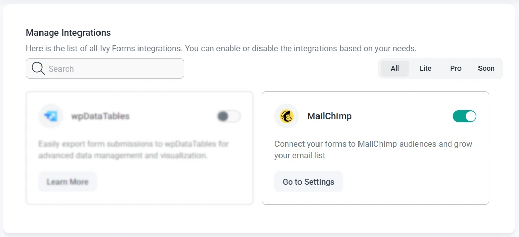 IvyForms Integrations page showing the Mailchimp integration with the Go to settings button.