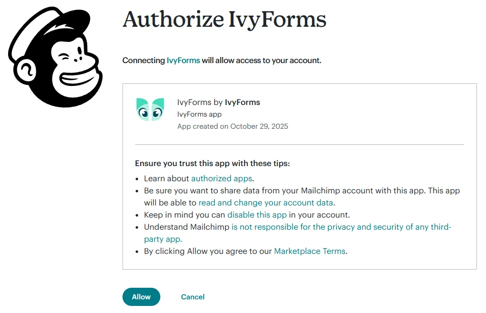Mailchimp authorization screen asking the user to allow IvyForms to access the Mailchimp account.
