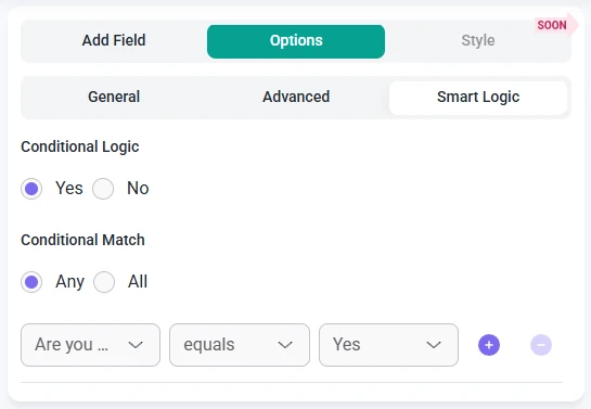 Smart logic settings for the Name field in IvyForms showing rule controls and conditional match options.