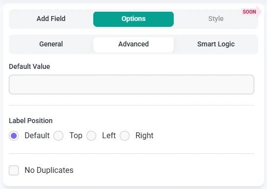 Advanced options tab for the Number field in IvyForms showing maximum length, default value, label position, and no duplicates settings.