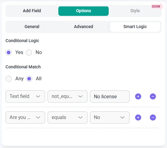Smart logic settings for the Number field in IvyForms showing conditional match options and rule configuration.