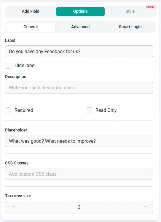 General options tab for the Paragraph field in IvyForms showing label, description, required, read-only, placeholder, CSS classes, and text area size.