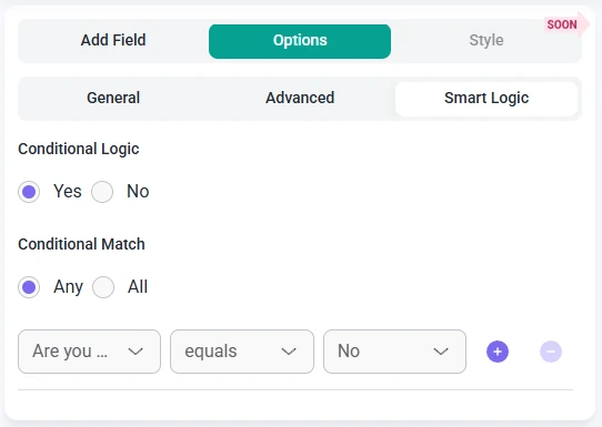 Smart logic settings for the Paragraph field in IvyForms showing rule controls and conditional match options.