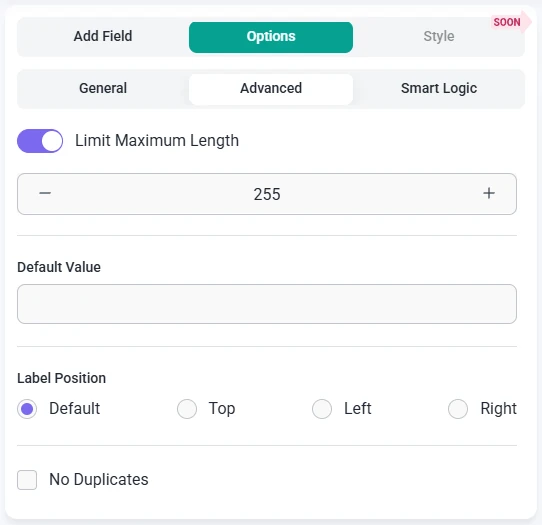 Advanced options for the Password field in IvyForms showing maximum length, default value, label position, and no duplicates checkbox.