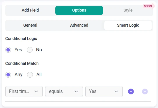 Smart logic settings for the Password field in IvyForms showing conditional match options and rule setup.