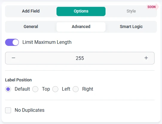 Advanced options tab for the Phone field in IvyForms showing maximum length, label position, and no duplicates options.
