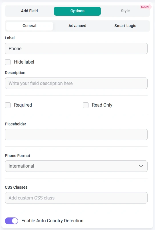 General options tab for the Phone field in IvyForms showing label, description, required, placeholder, phone format, CSS classes, and auto country detection.