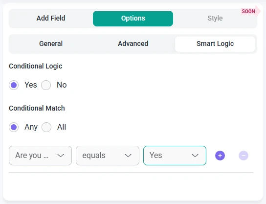 Smart logic settings for the Phone field in IvyForms showing conditional match options and rule configuration.