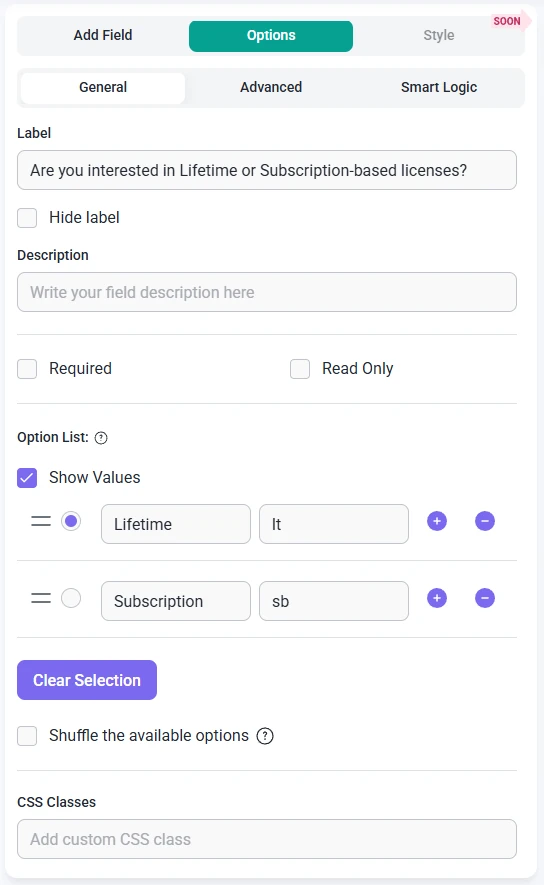 General options for the Radio Button field in IvyForms showing label, description, required, option list, show values, shuffle options, and CSS classes.