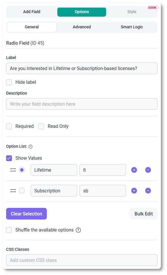 General options for the Radio Button field in IvyForms showing label, description, required, option list, show values, shuffle options, and CSS classes