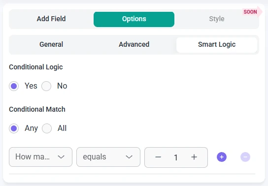 Smart logic settings for the Radio Button field in IvyForms showing conditional match and rule configuration options.
