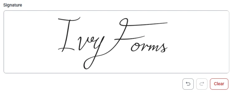 Front-end view of a Signature field in an IvyForms form showing the drawing area and signature controls.