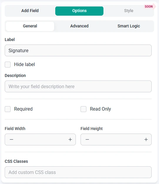 General options for the Signature field in IvyForms showing label, description, required checkbox, field width, and CSS classes.