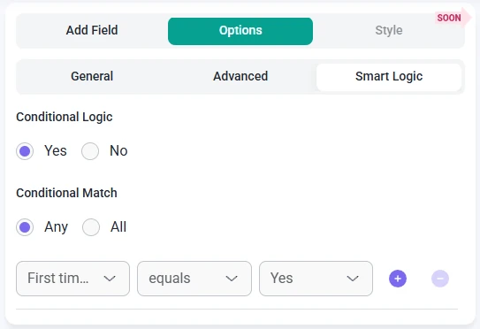 Smart logic settings for the Signature field in IvyForms showing conditional match options.