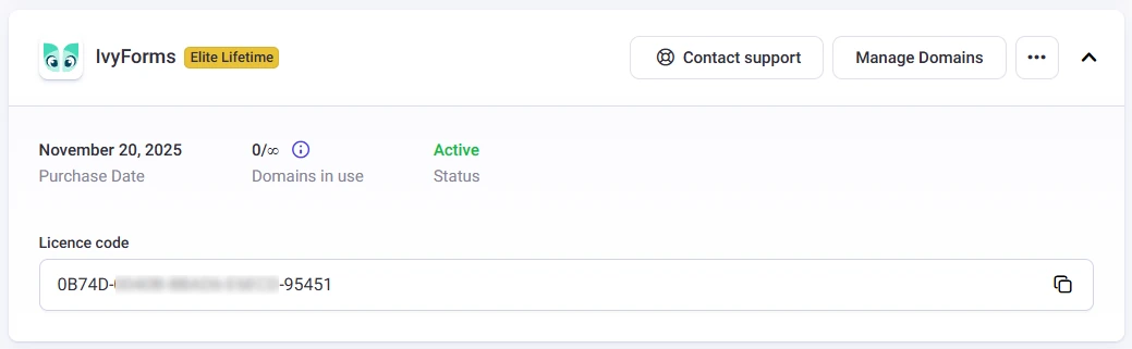 IvyForms license expanded in the TMS Store dashboard with the license key visible.