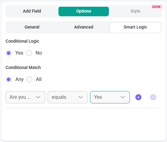 Smart logic settings for the Email field in IvyForms showing conditional match options.