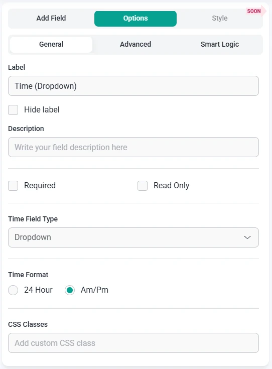 General options for the Time field in IvyForms showing label, description, required, time field type, time format, and CSS classes.