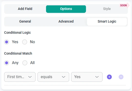 Smart logic settings for the Time field in IvyForms showing conditional match options and rule configuration.