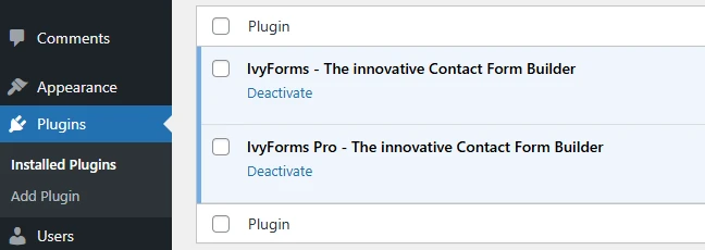 WordPress Plugins page showing IvyForms Lite and IvyForms Pro installed and active.