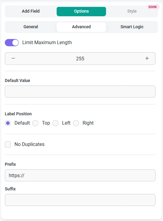 Advanced options tab for the Website or URL field in IvyForms showing maximum length, label position, no duplicates, prefix, and suffix settings.