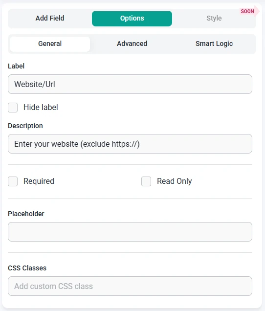 General options tab for the Website or URL field in IvyForms showing label, description, required, read-only, placeholder, and CSS class settings.