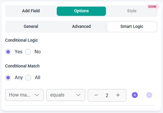 Smart logic settings for the Website or URL field in IvyForms showing conditional match options and rule configuration.