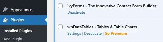 IvyForms and wpDataTables plugins shown as active on the WordPress Plugins page.