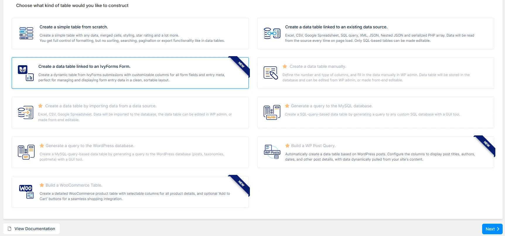 wpDataTables table creation wizard showing the option to create a data table linked to an IvyForms form.