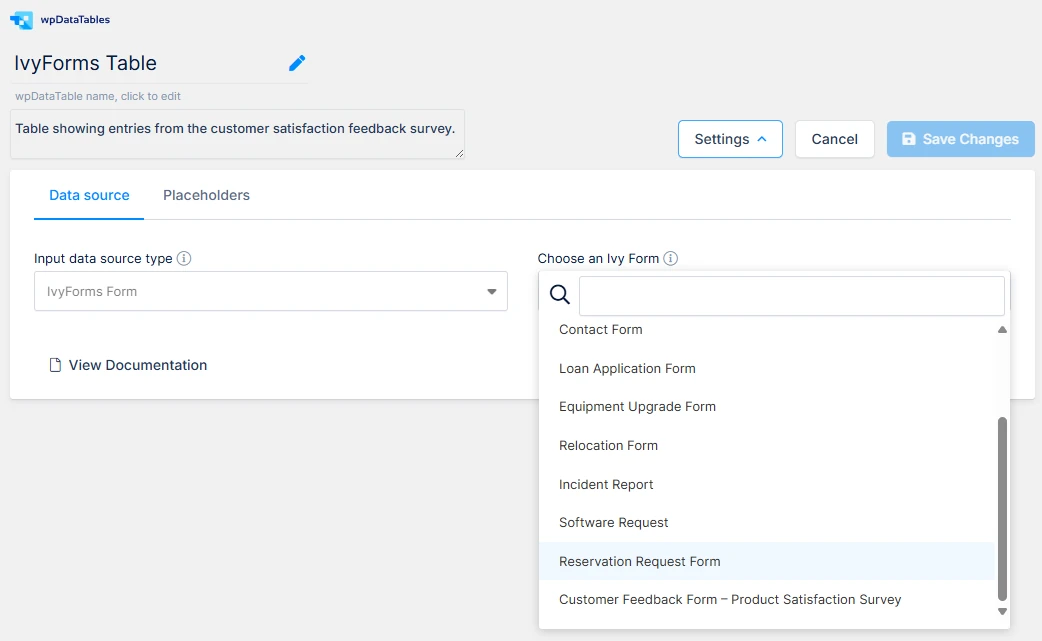 wpDataTables table setup screen showing IvyForms as the selected input type and available forms dropdown.