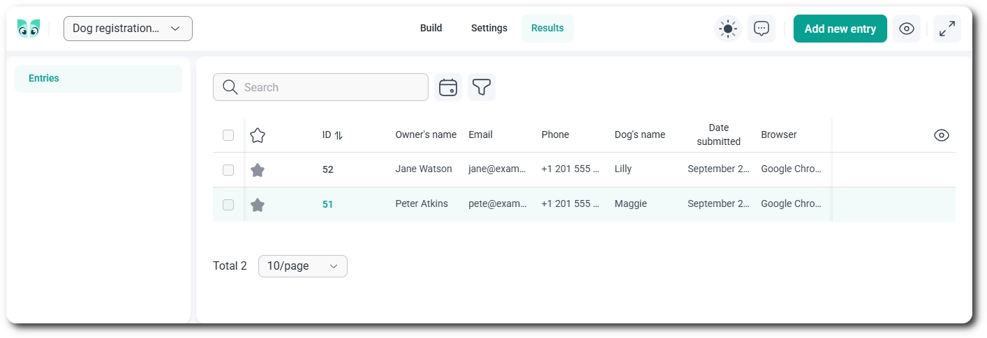 Adding a new entry manually from the Results tab in IvyForms