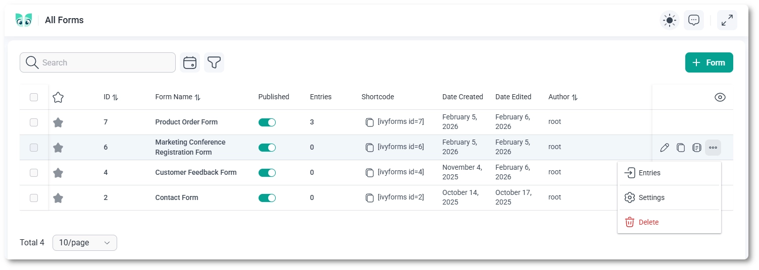 IvyForms All Forms page showing a table with form details and actions