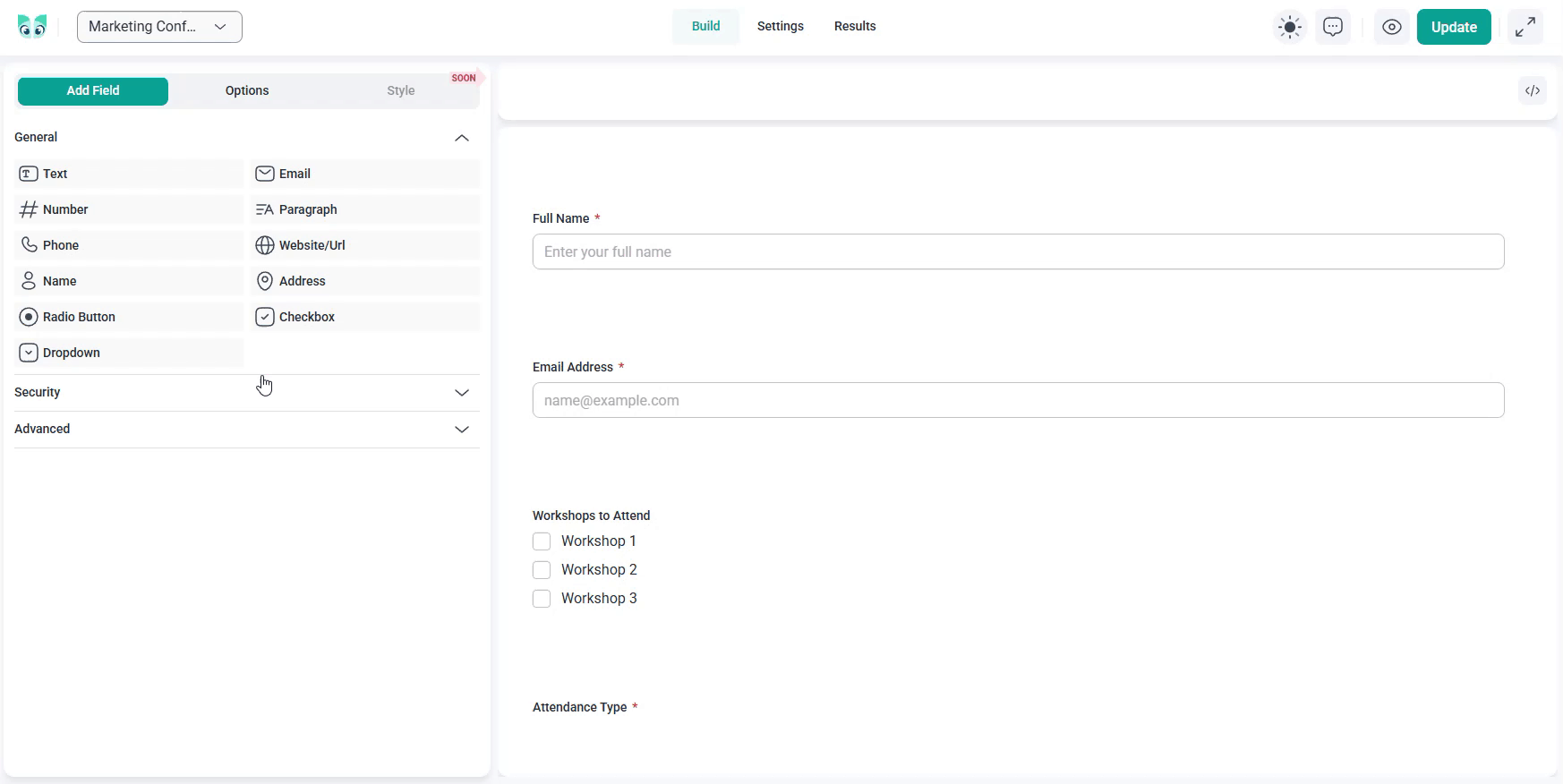 IvyForms builder showing adding fields, resizing them, and placing multiple fields side by side in the same row.