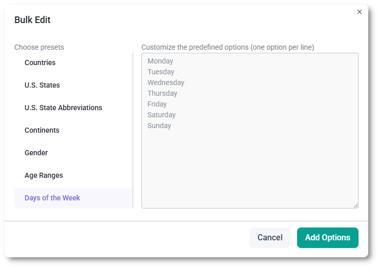 Bulk Edit panel in IvyForms showing predefined option presets and editable values.