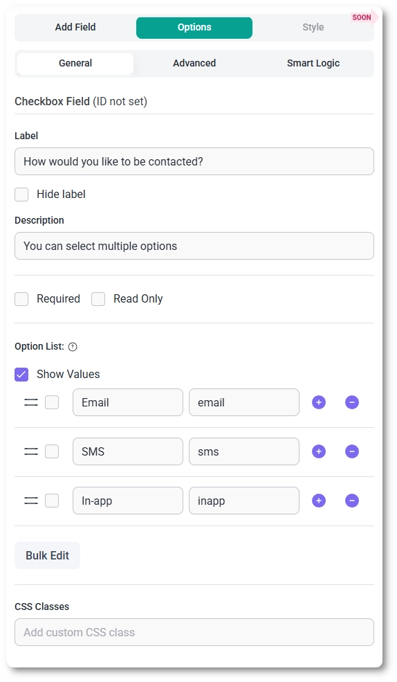General options for the Checkbox field in IvyForms showing label, required, option list, and shuffle settings.