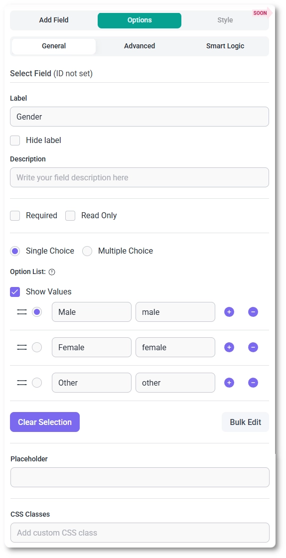 General options for the Dropdown field in IvyForms showing label, required, option list, search, shuffle, and selection type settings.