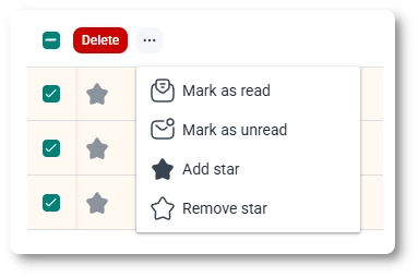 Bulk options when selecting multiple or all rows in the entries table, showing delete, mark as read, mark as unread, add star, and remove star options