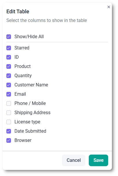 Column visibility panel showing form fields that can be shown or hidden in the entries table