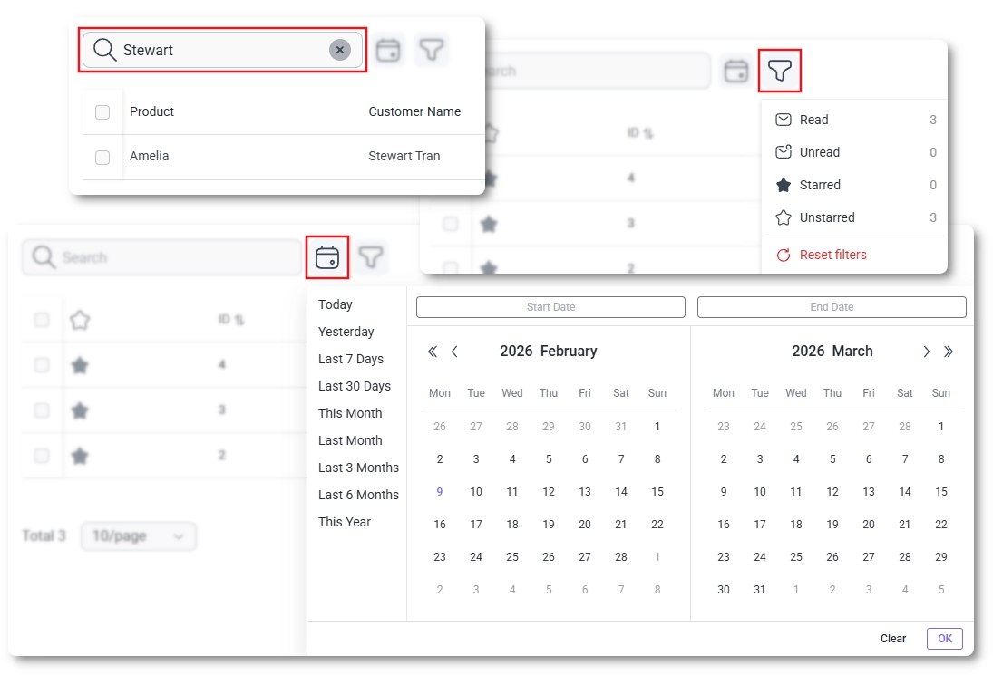 Search, date, and filter controls on the IvyForms entires list