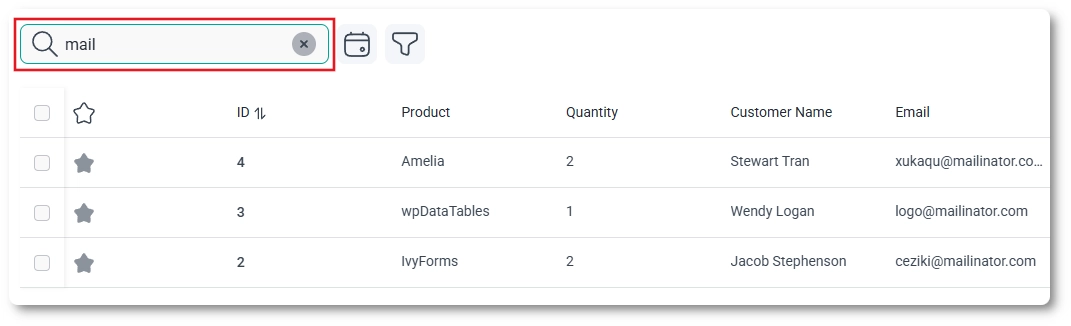 Search field above the entries table used to find specific form submissions