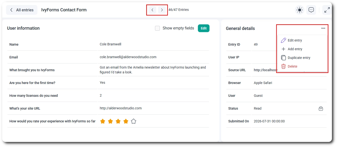 Entry actions menu in IvyForms with add, duplicate and edit options