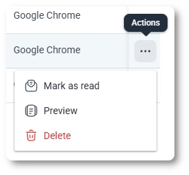 Entry actions menu showing options to mark an entry as unread, preview it, or delete it